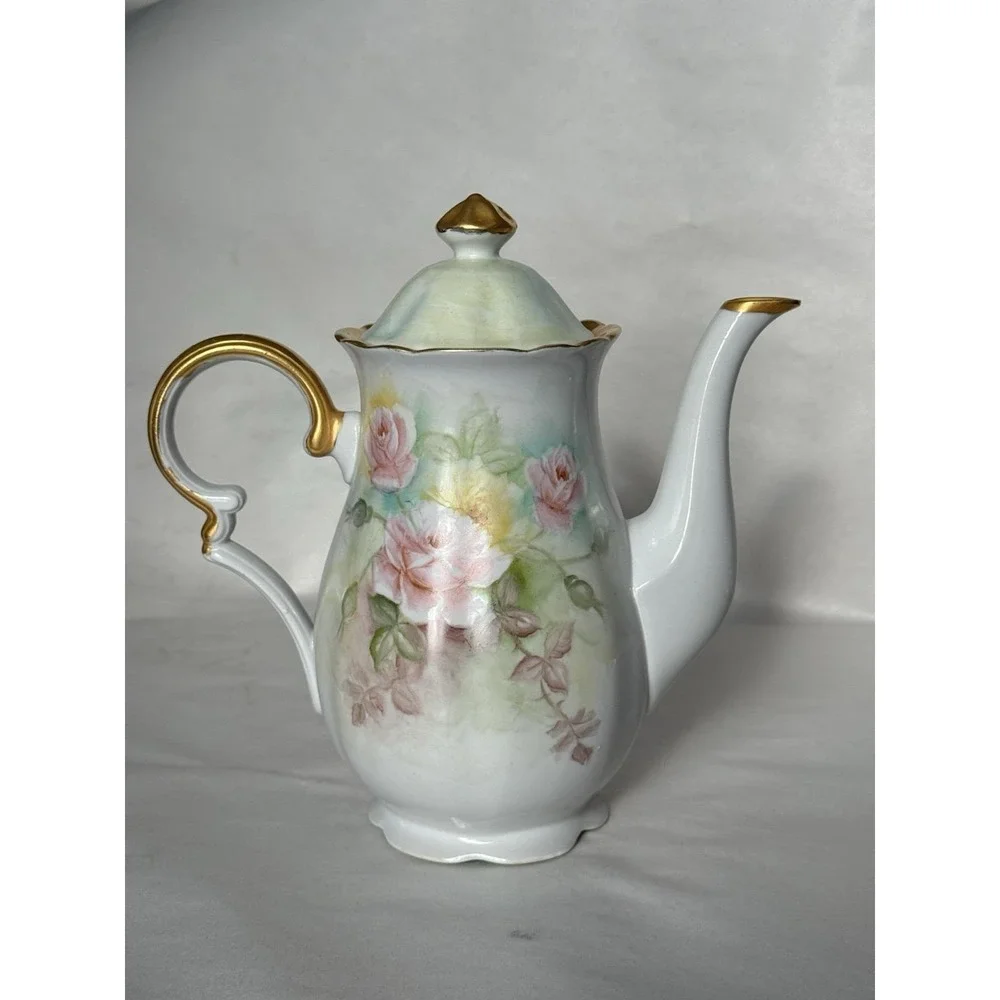 Antique Hand Painted Porcelain Coffee Tea Pot SIGNED E H Groff Roses Gold Gilt